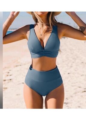 CUPSHE Blue Ruched V-Neck Bralette High Waisted Bikini Set Swimwear NWT Sz XS